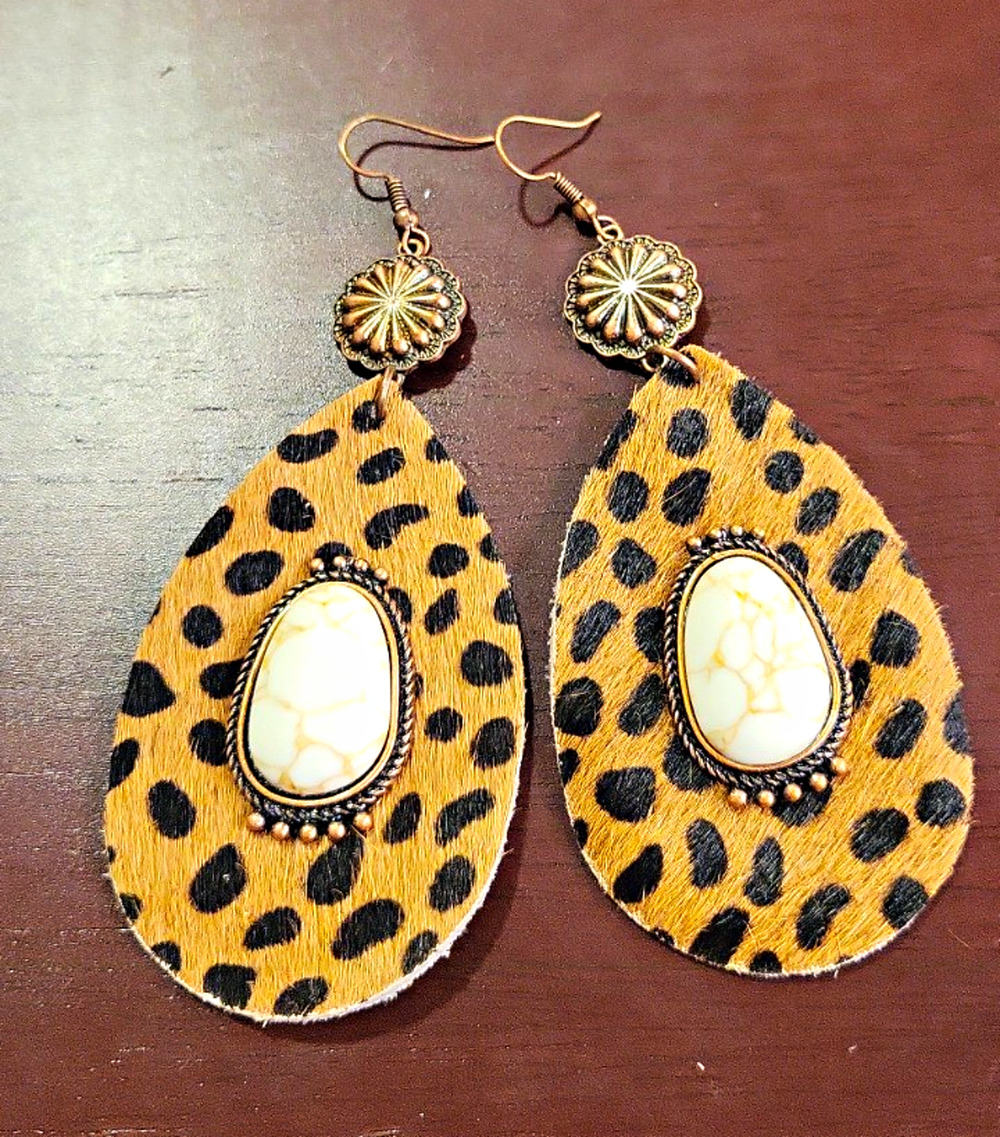 Leopard Teardrop Dangle/Drop Hook Earrings, White Oval Center, Nickel-Free